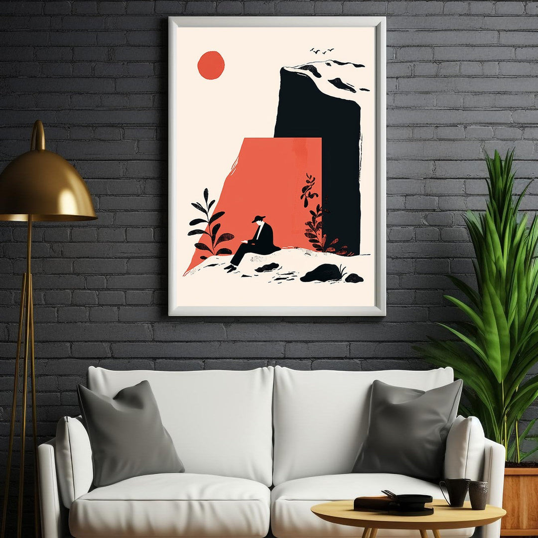 Wadi Home Solitude Abstract Wall Art: minimalist design with coral, black, cream palette. Lone figure contemplating landscape.