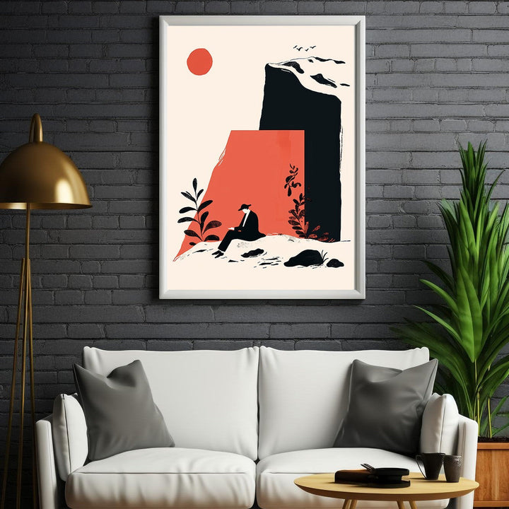 Wadi Home Solitude Abstract Wall Art: minimalist design with coral, black, cream palette. Lone figure contemplating landscape.
