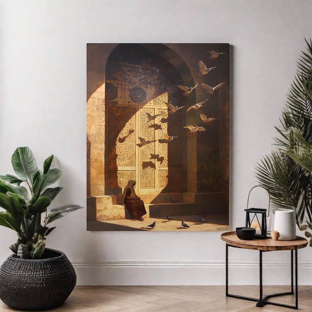 Wadi Home wall art depicting a figure in brown robes seated by an arched doorway with birds flying against a starry sky.