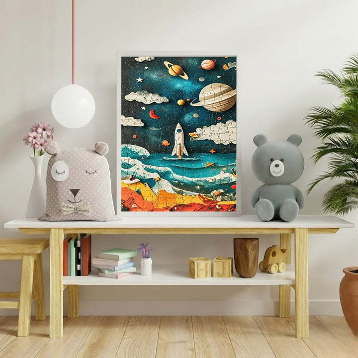 Wadi Home Outer Space Rocket Adventure Puzzle featuring a rocket in a starry sky with planets and nebulae. Framed artwork.