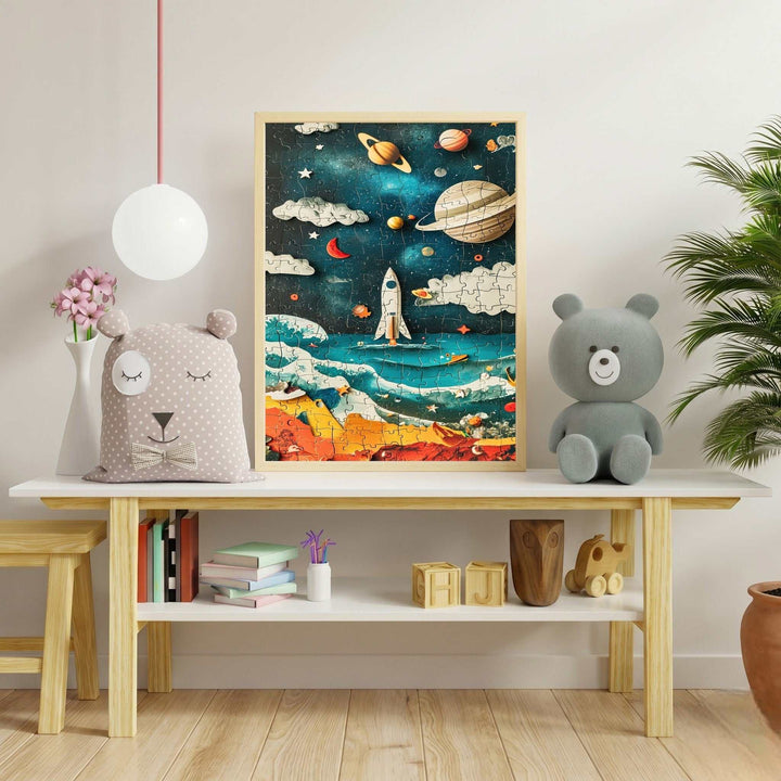 Wadi Home Outer Space Rocket Adventure Puzzle featuring a rocket in a starry sky with planets and nebulae. Framed artwork.
