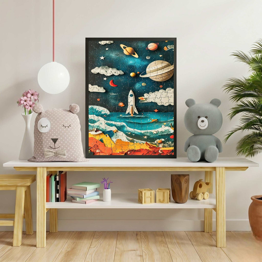 Wadi Home Outer Space Rocket Adventure 500-piece jigsaw puzzle featuring a rocket, planets, and stars in a vibrant, colorful scene.