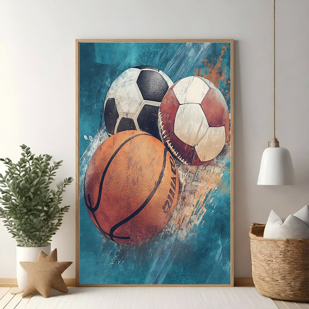 Wadi Home Sports Balls Collage wall art featuring a basketball, soccer ball, and baseball on a vibrant abstract background.