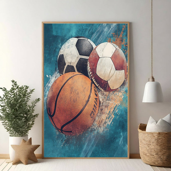 Wadi Home Sports Balls Collage wall art featuring a basketball, soccer ball, and baseball on a vibrant abstract background.