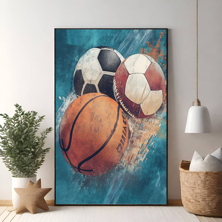 Wadi Home Sports Balls Collage wall art featuring a basketball, soccer ball, and baseball on a vibrant abstract background.