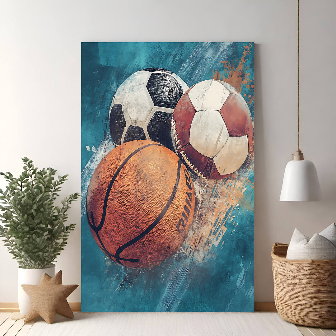 Wadi Home Sports Balls Collage wall art featuring a basketball, soccer ball, and vintage baseball on a teal abstract background.