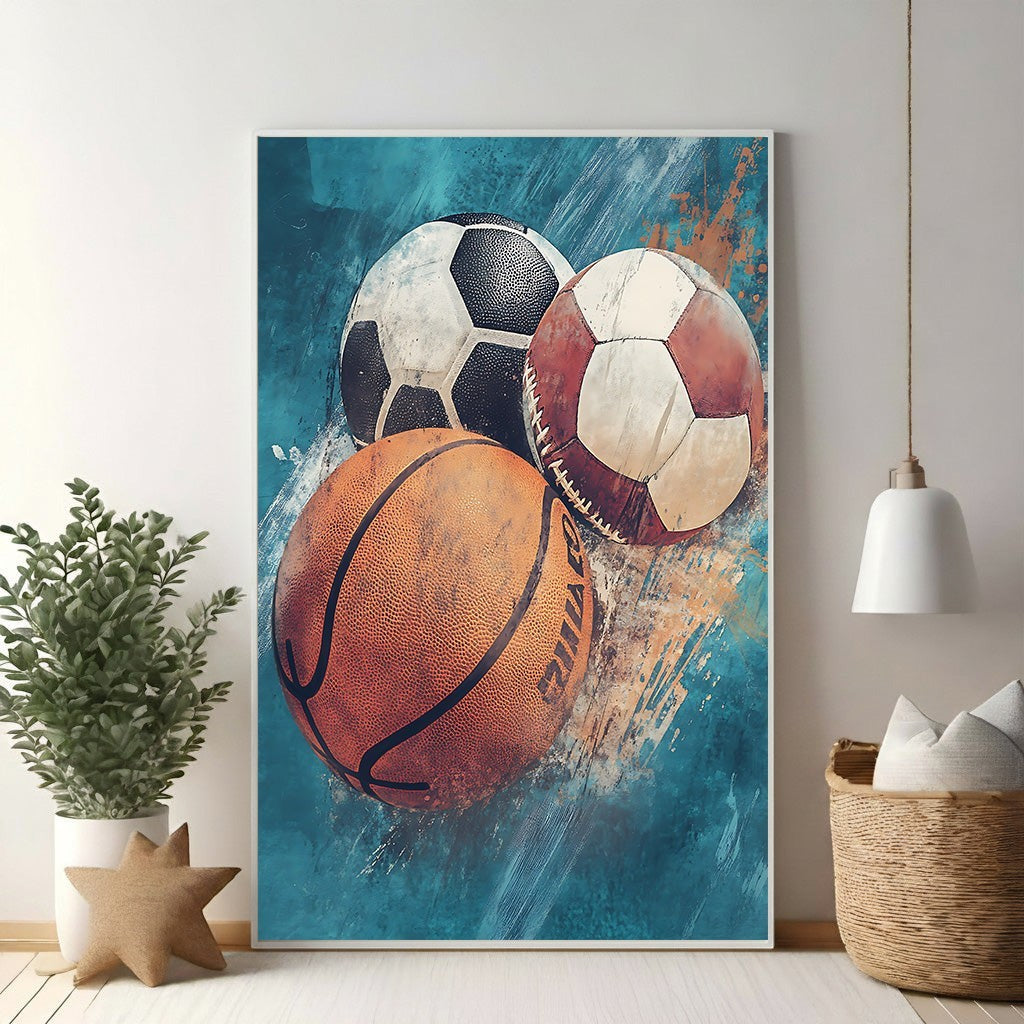 Wadi Home Sports Balls Collage wall art featuring a basketball, soccer ball, and baseball on a vibrant abstract background.