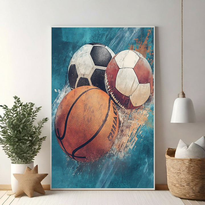 Wadi Home Sports Balls Collage wall art featuring a basketball, soccer ball, and baseball on a vibrant abstract background.