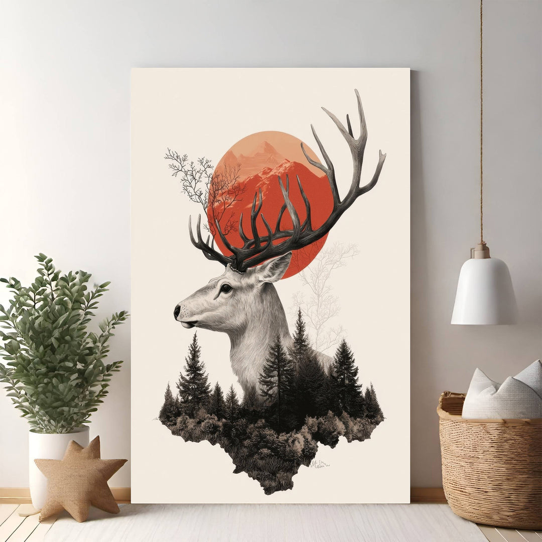 Wadi Home Majestic Stag Forest Landscape Wall Art featuring a stag with large antlers, forest, and a red sun.