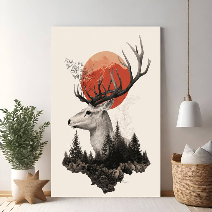 Wadi Home Majestic Stag Forest Landscape Wall Art featuring a stag with large antlers, forest, and a red sun.