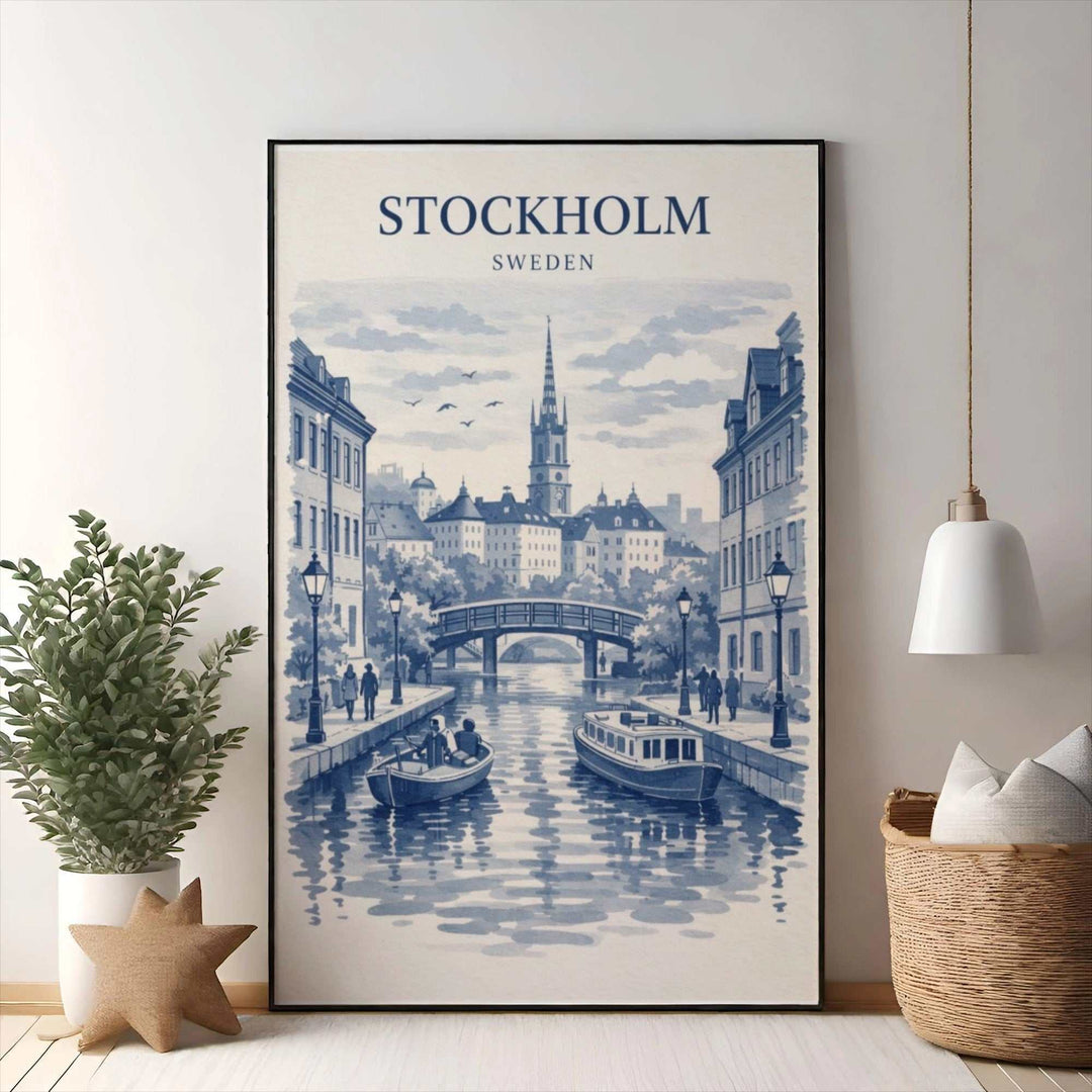 Wadi Home Stockholm Sweden blue and white watercolor canal print with boats and historic buildings.