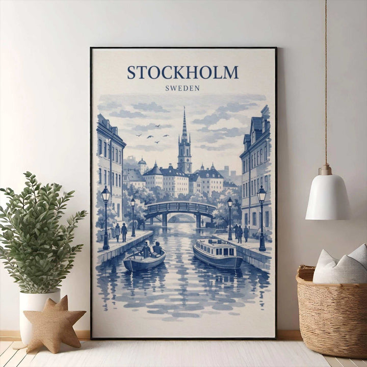 Wadi Home Stockholm Sweden blue and white watercolor canal print with boats and historic buildings.