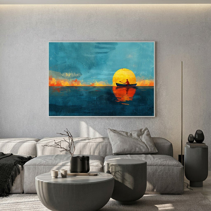 Wadi Home canvas wall art depicting a lone figure in a boat silhouetted against a large, vibrant orange sun over deep blue water.