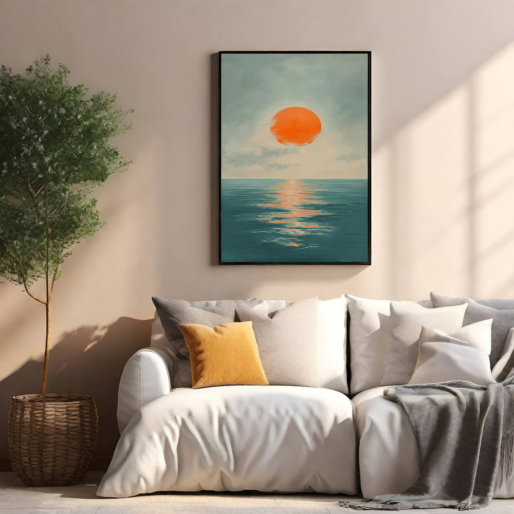 Wadi Home Serene Sunset Over Ocean Wall Art, featuring an oversized orange sun setting over calm blue waters. Minimalist coastal decor.