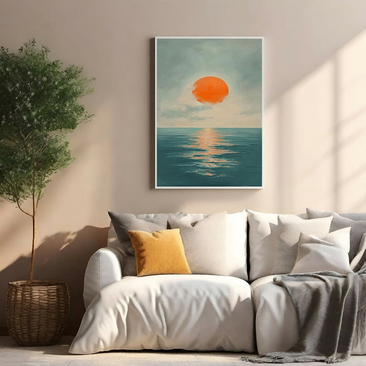 Wadi Home Serene Sunset Over Ocean Wall Art, featuring a large orange sun over calm blue water with reflection.