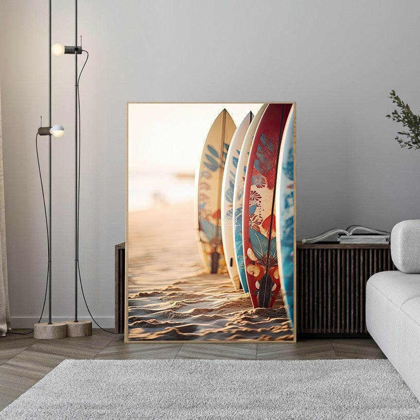 Wadi Home colorful surfboards lined up on a sandy beach at sunset, coastal wall art.