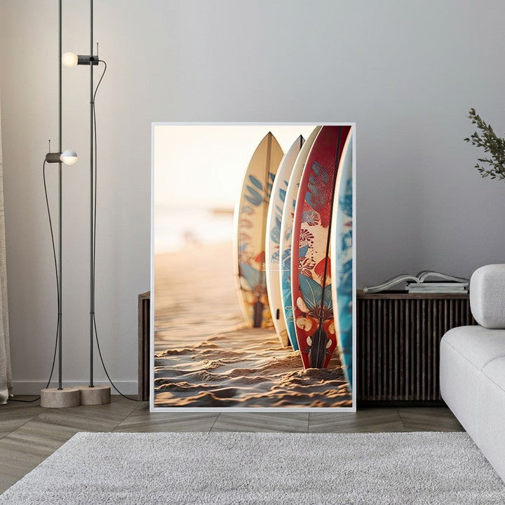 Wadi Home wall art: colorful surfboards lined up on a sandy beach at sunset. Coastal decor.