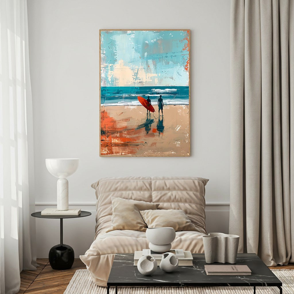 Wadi Home abstract art painting of two surfers on a beach with a red surfboard, featuring blues, beiges, and orange accents.