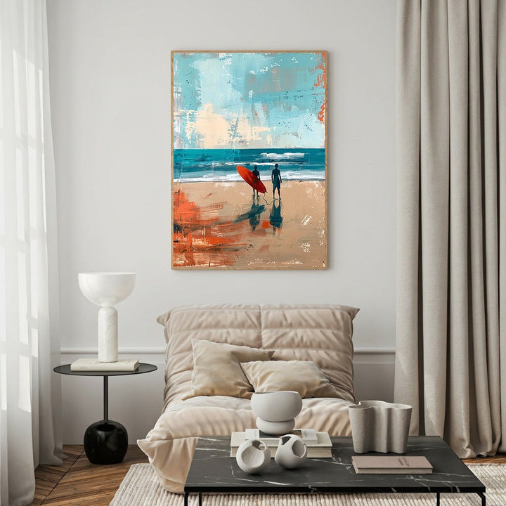 Wadi Home abstract art painting of two surfers on a beach with a red surfboard, featuring blues, beiges, and orange accents.