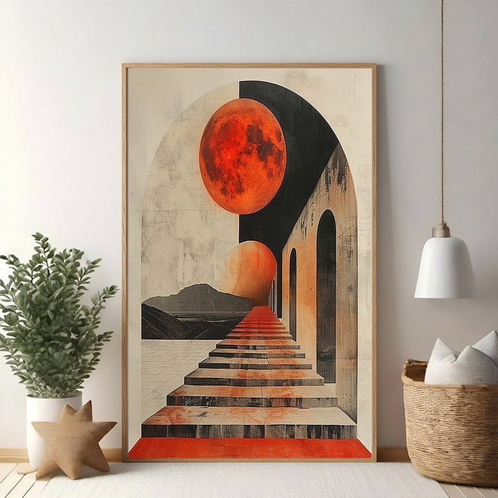 Wadi Home surreal archway print with red moon and endless stairs, abstract architectural art.