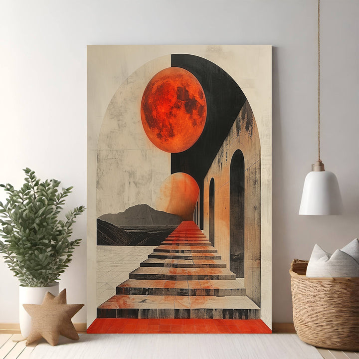 Wadi Home surreal archway print with red moon and stairs, abstract art, modern aesthetic
