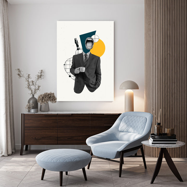 Wadi Home abstract art: man in suit holding coffee cup, surreal collage with geometric shapes and bold colors.