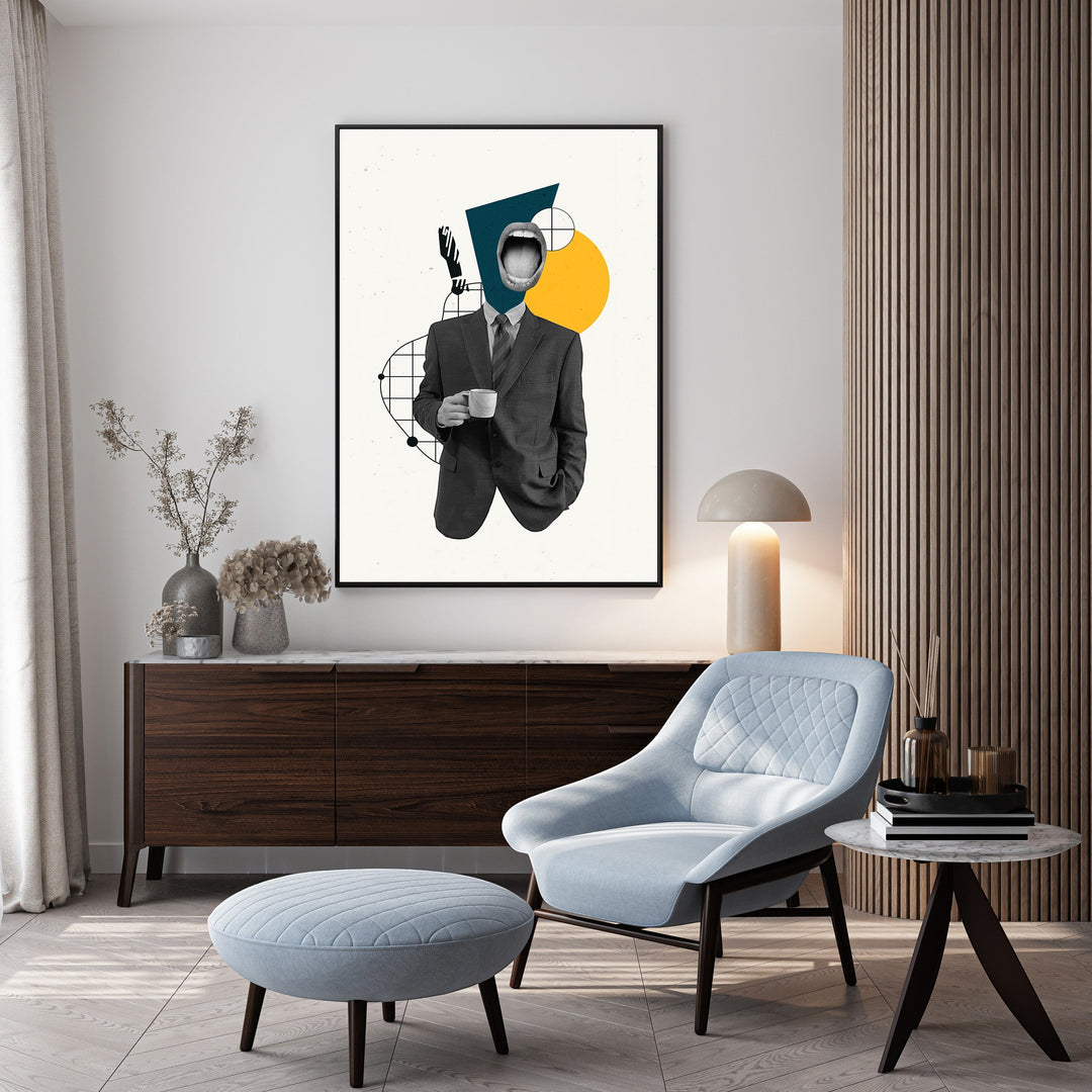 Wadi Home abstract art print of a man in a suit holding a coffee cup with a surreal open mouth head and geometric shapes.
