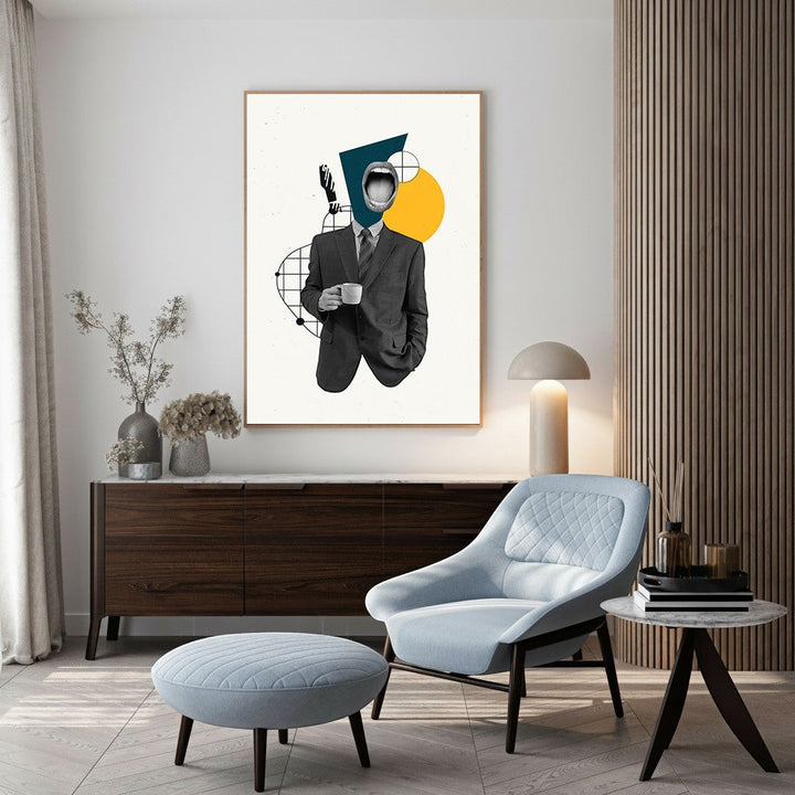 Wadi Home abstract art print of a man in a suit holding coffee, with surreal open mouth and geometric shapes.