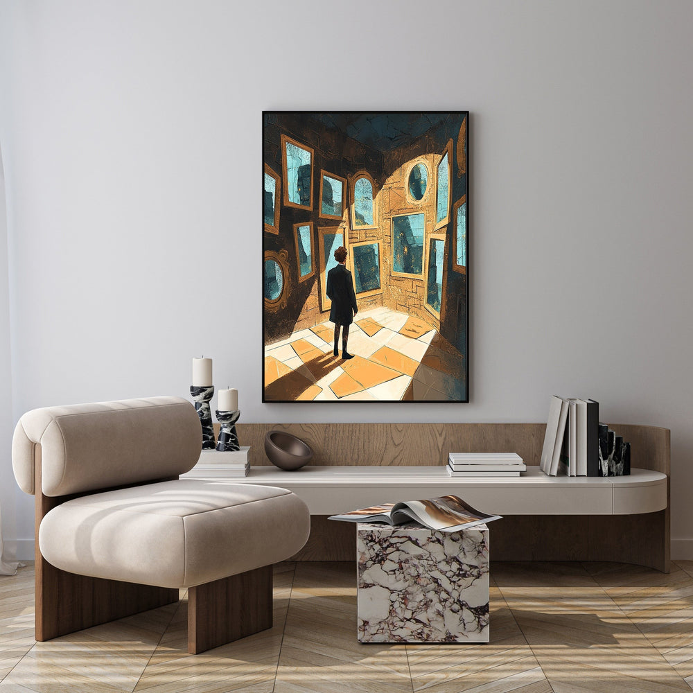 Wadi Home artwork: Man in suit stands in room with many mirrors reflecting light and floor.