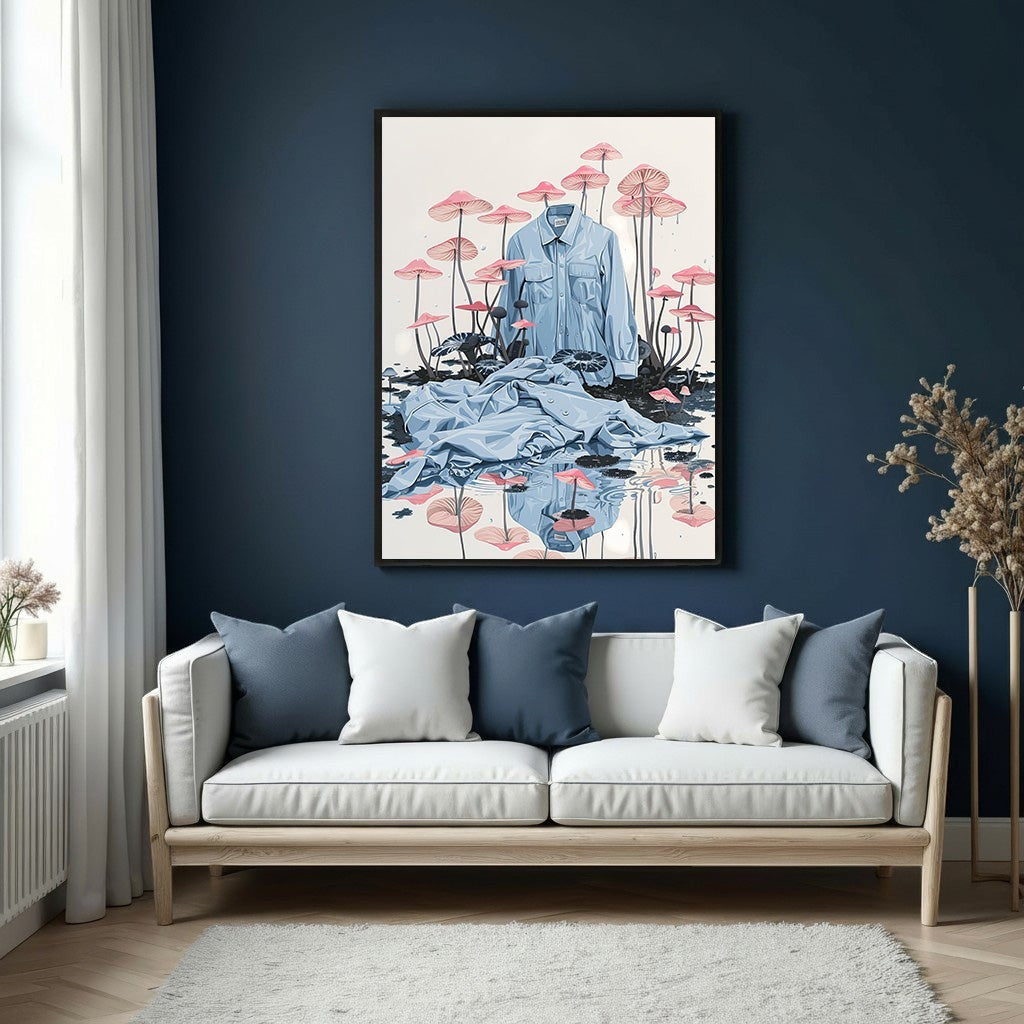Wadi Home surreal wall art featuring a light blue denim shirt and draped fabric among pink-capped mushrooms reflected in water.