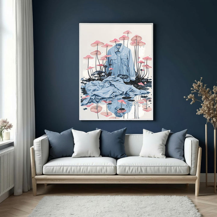 Wadi Home surreal wall art featuring a blue garment draped amongst pink-capped mushrooms reflected in water.