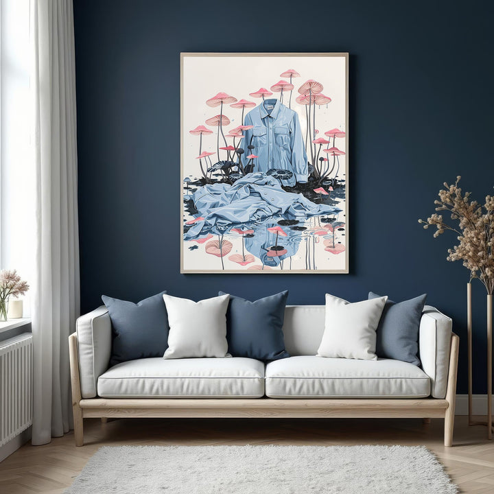 Wadi Home surreal wall art featuring a light blue denim shirt and draped fabric among pink-capped mushrooms and water.