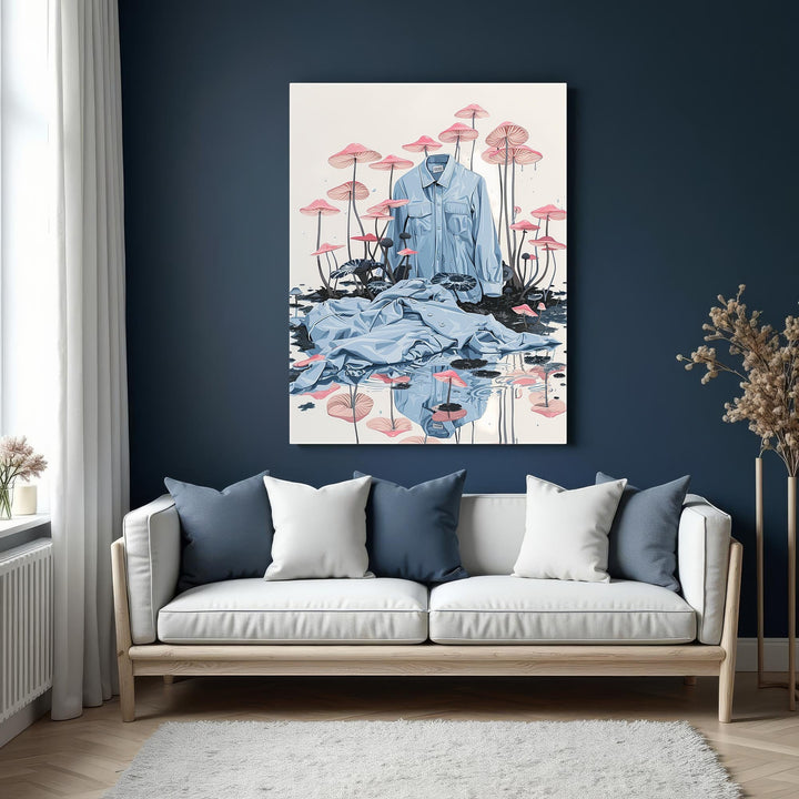 Wadi Home surreal wall art featuring a light blue collared shirt draped amongst pink-capped mushrooms and water.