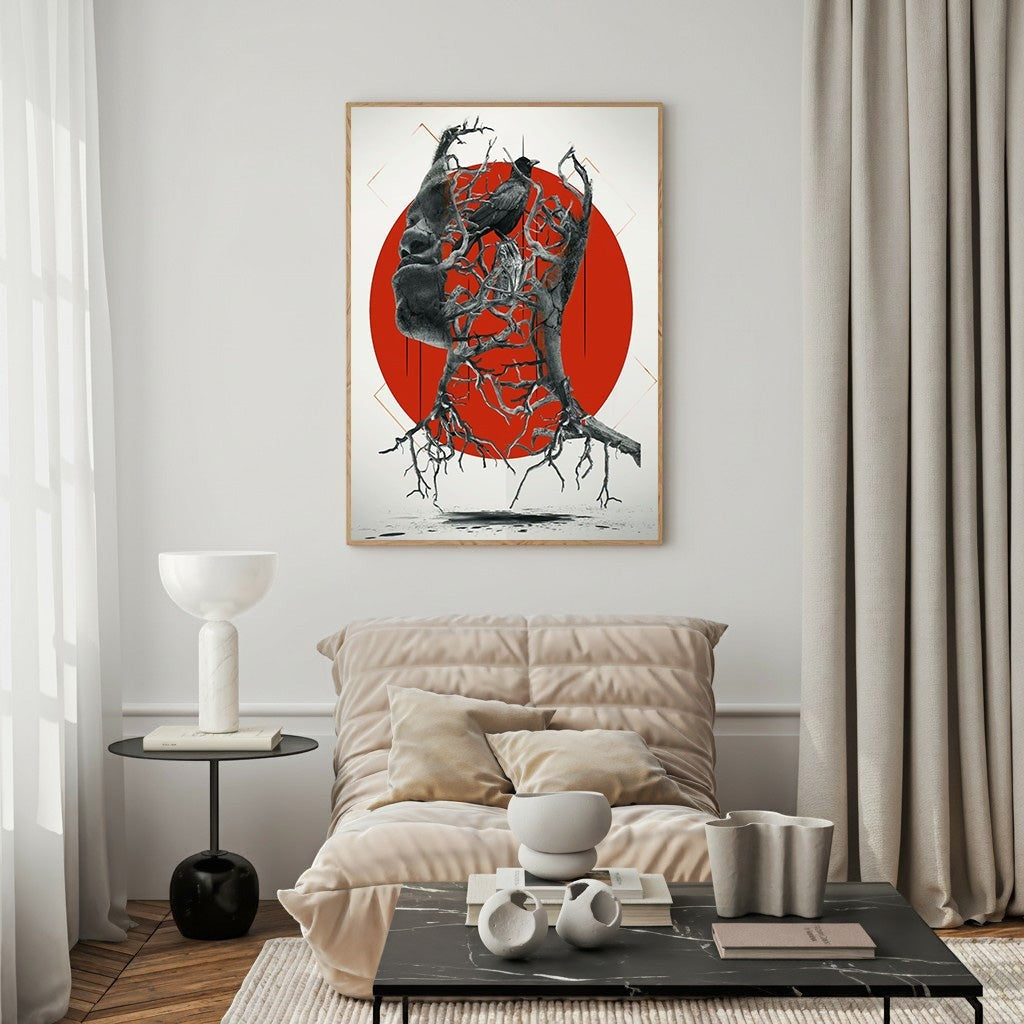 Wadi Home surrealist wall art featuring a tree head with roots and a red circle, abstract design.