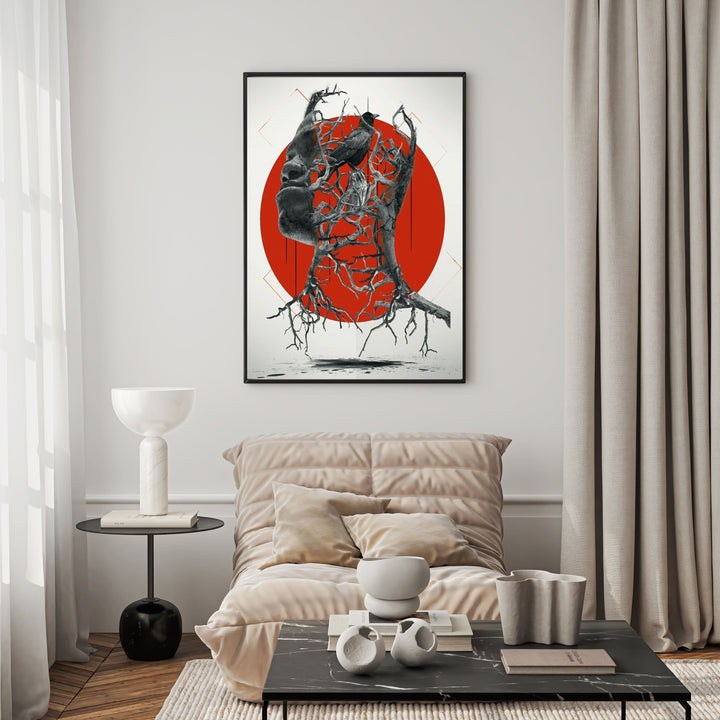 Wadi Home surrealist wall art featuring a tree head with roots and a red circle. Abstract, thought-provoking design.