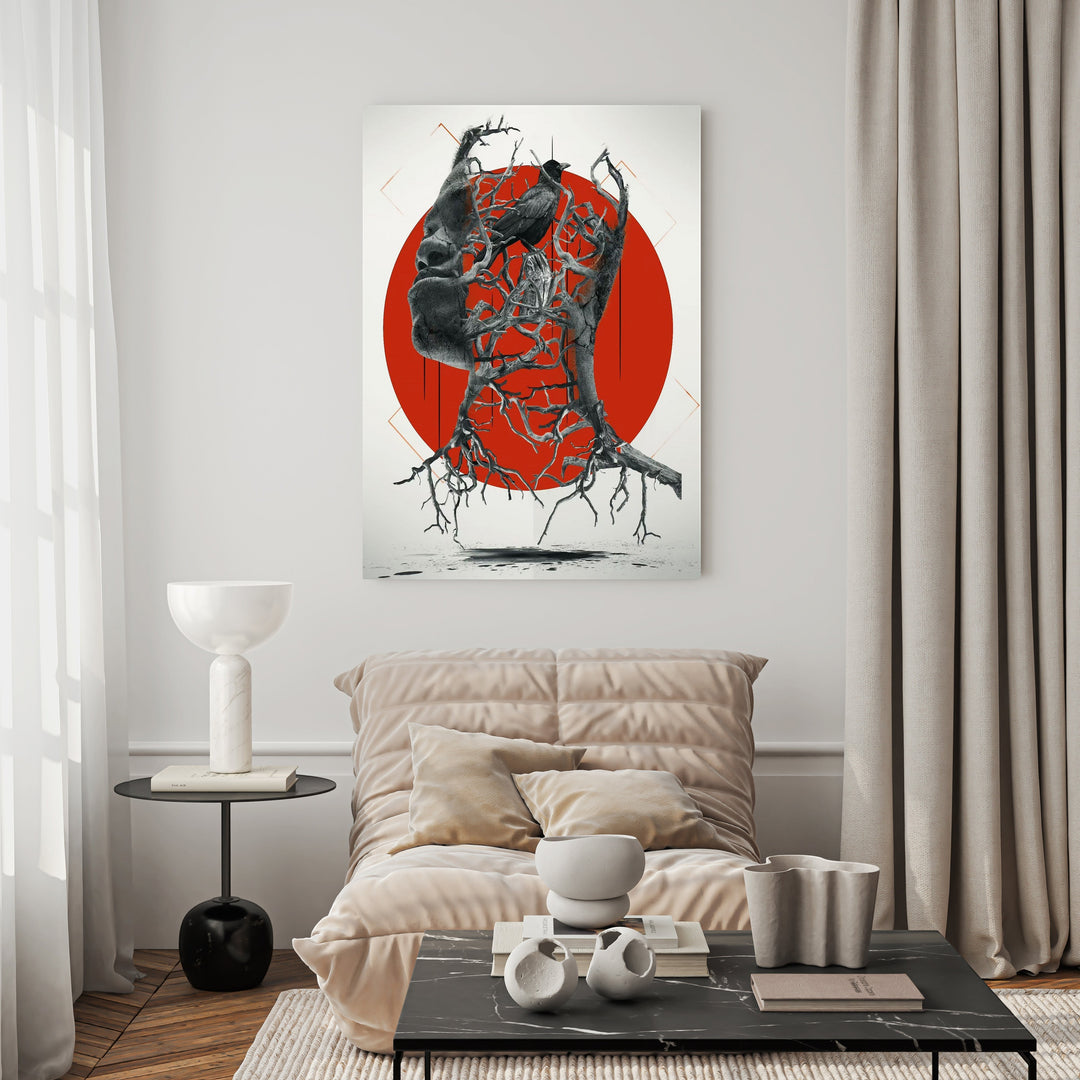 Wadi Home surrealist wall art featuring a tree head with roots against a red circle. Abstract, modern, and thought-provoking.