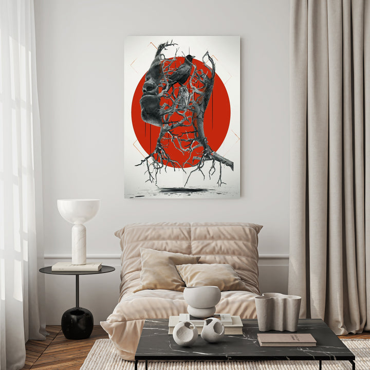 Wadi Home surrealist wall art featuring a tree head with roots against a red circle. Abstract, modern, and thought-provoking.