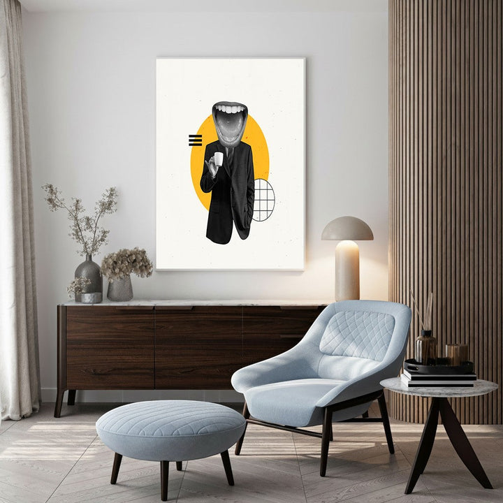 Wadi Home surrealist art print: black and white figure in suit with open mouth head, yellow circle, geometric shapes.