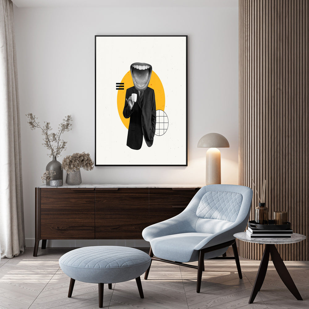 Wadi Home surrealist art print featuring a black and white collage of a figure in a suit with a large open mouth head, yellow circle, and geometric shapes.