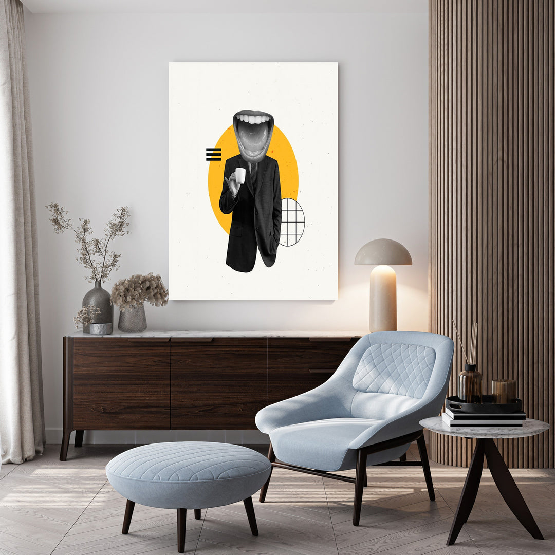 Wadi Home surrealist art print featuring a black and white collage of a figure in a suit with a large open mouth head, holding a coffee cup, against a yellow circle and geometric shapes.
