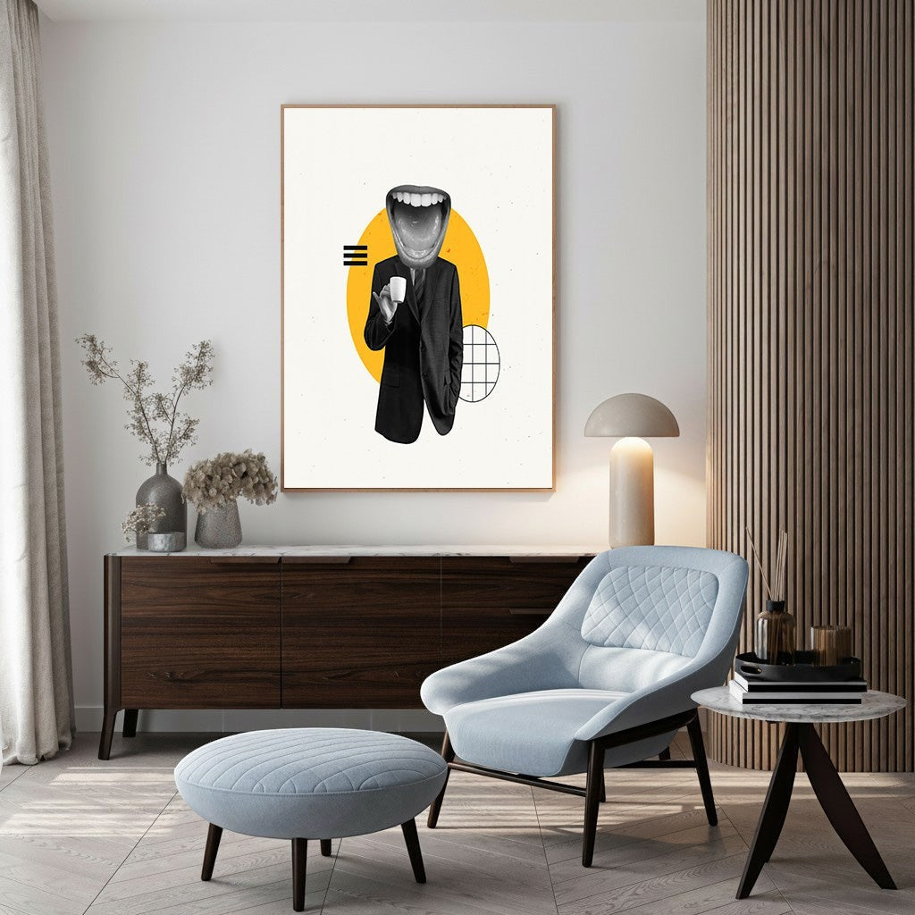 Wadi Home surrealist art print: black and white figure in suit with open mouth head, yellow circle, geometric shapes.