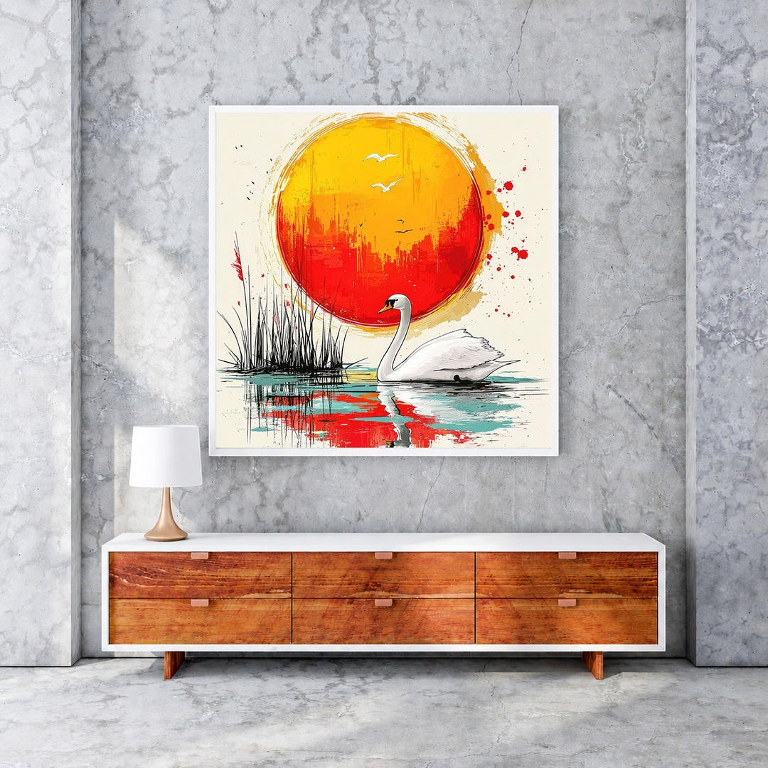 Wadi Home Serene Swan Sunset Wall Art: white swan on water with vibrant orange and red sun.