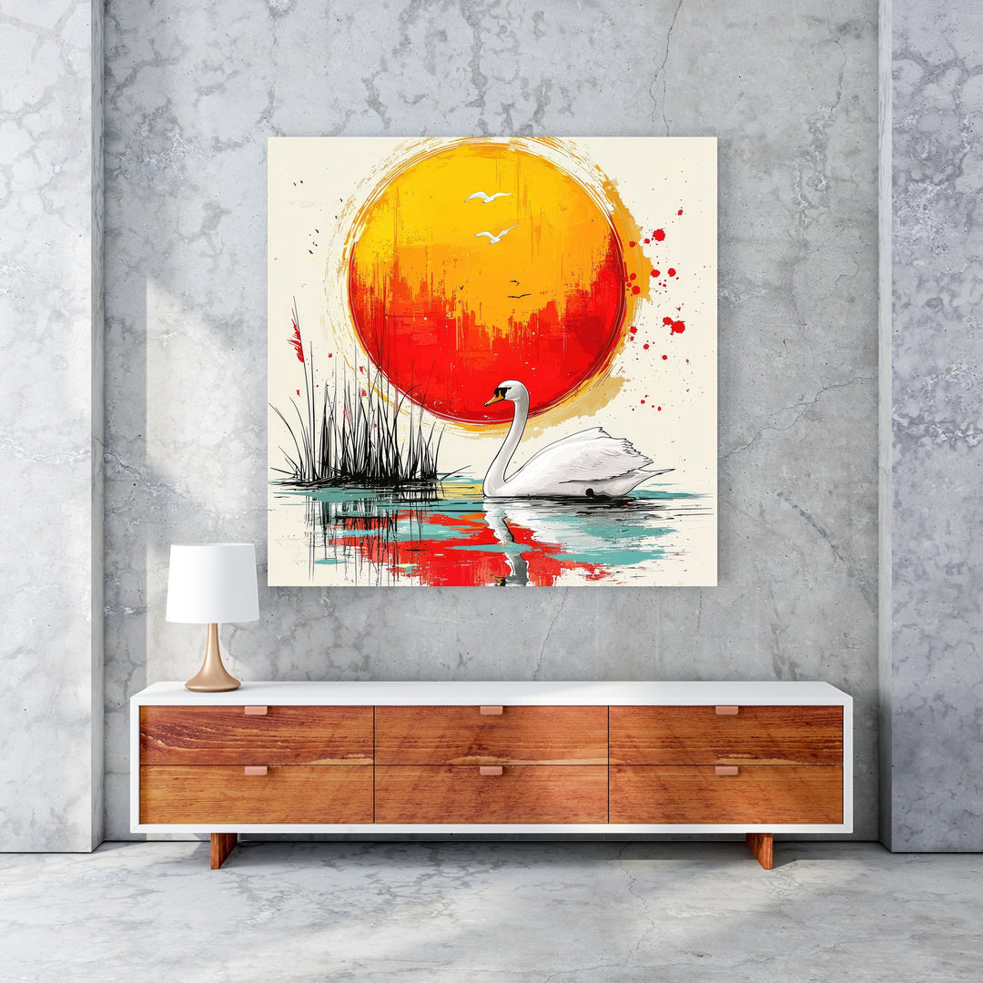 Wadi Home Serene Swan Sunset Wall Art. White swan on water with vibrant orange and red sunset.