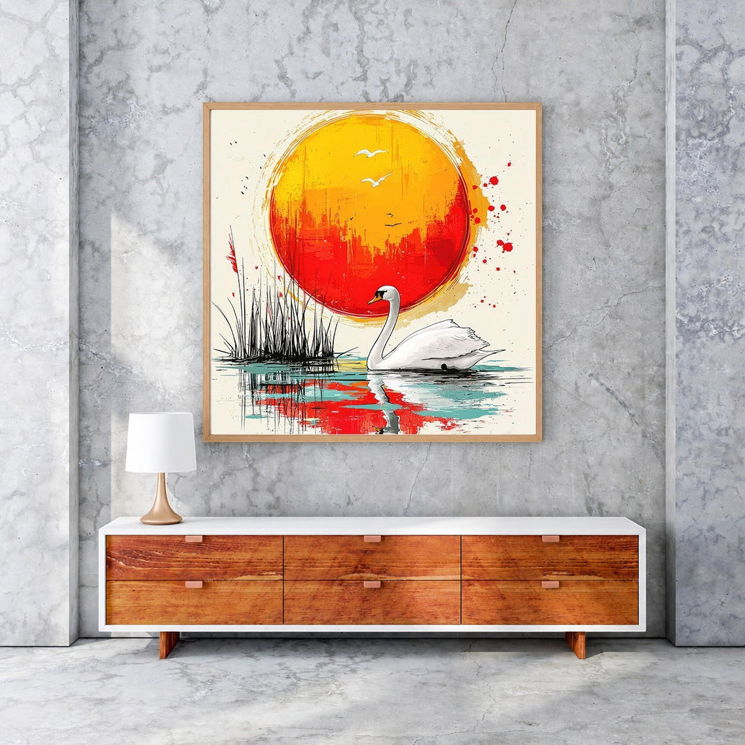 Wadi Home Serene Swan Sunset Wall Art featuring a white swan on water with a vibrant orange and red sunset.