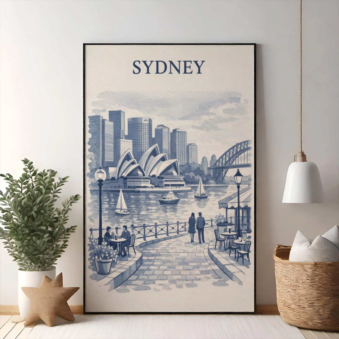 Wadi Home Sydney Harbor watercolor print in blue and white, featuring the Opera House and Harbour Bridge.