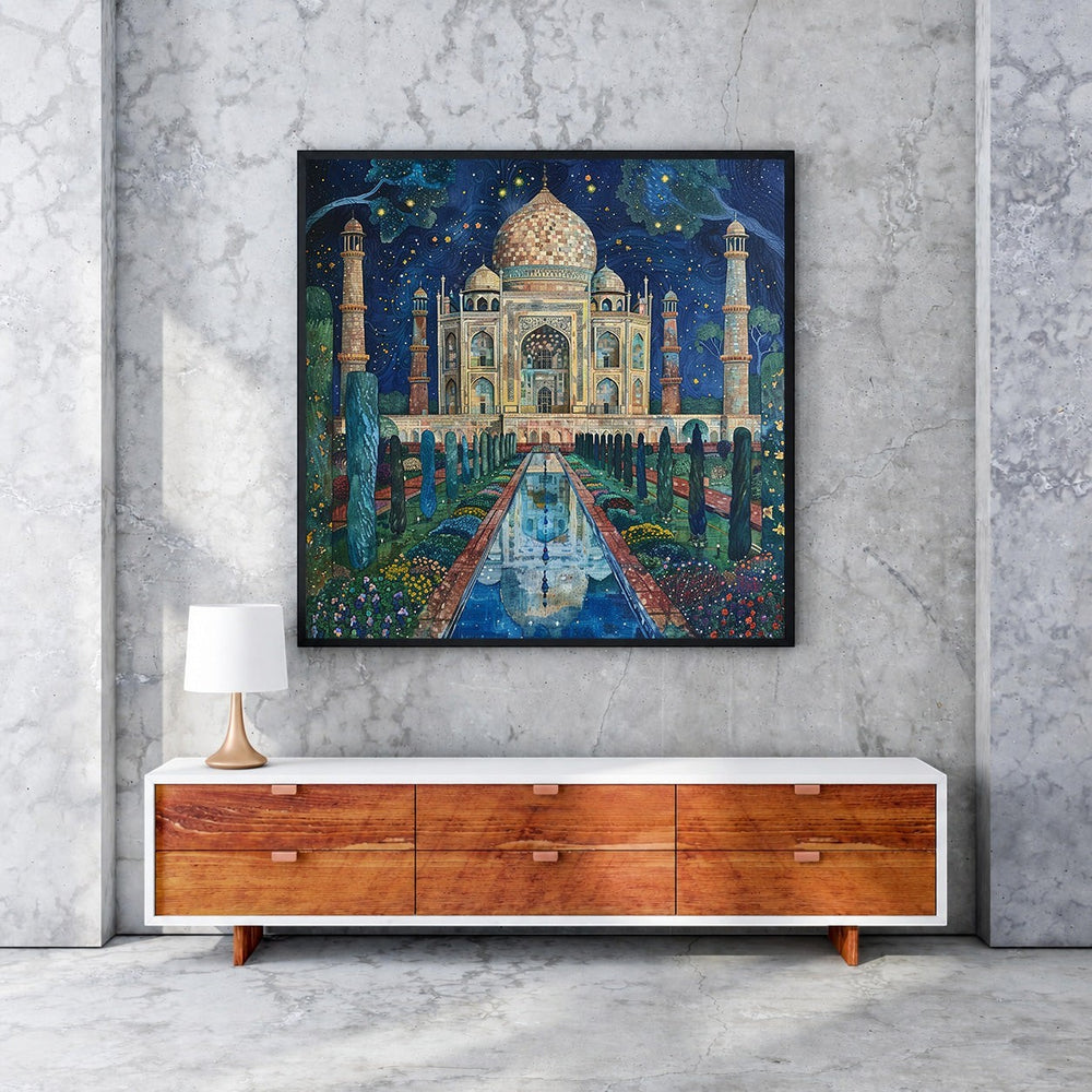 Wadi Home Taj Mahal Night Garden canvas print featuring the monument under a starry sky with lush gardens and a reflection pool.