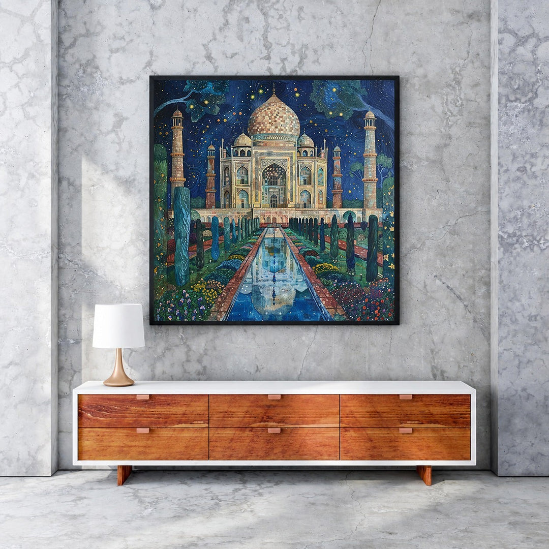 Wadi Home Taj Mahal Night Garden canvas print featuring the monument under a starry sky with lush gardens and a reflection pool.