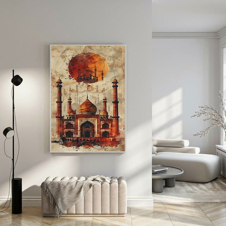 Wadi Home Taj Mahal watercolor wall art with vibrant orange hues and artistic brushstrokes, depicting the iconic monument.
