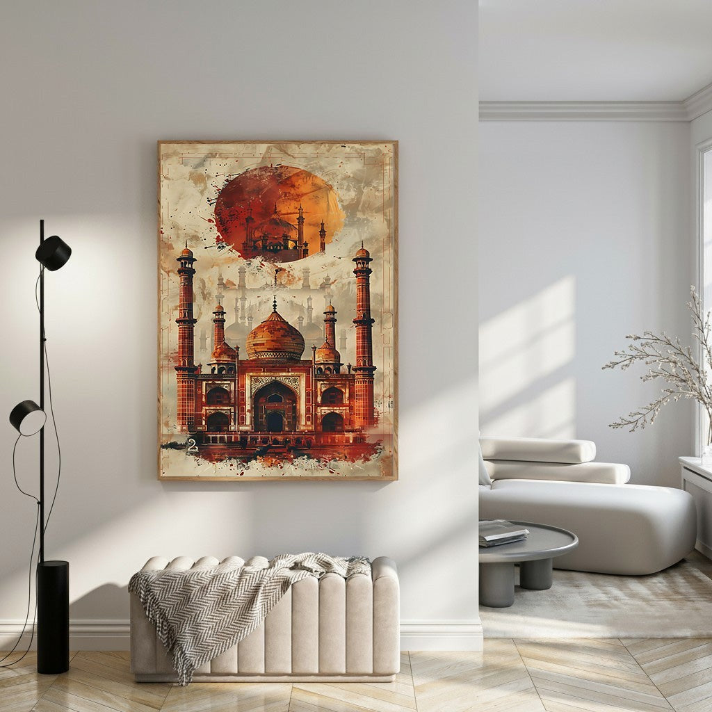 Wadi Home Taj Mahal watercolor wall art with vibrant orange and red hues, featuring artistic brushstrokes and a sunset.