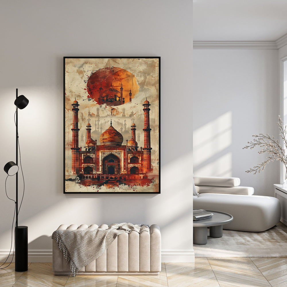 Wadi Home Taj Mahal watercolor wall art, featuring a vibrant artistic interpretation with rich reds and oranges, framed in black.